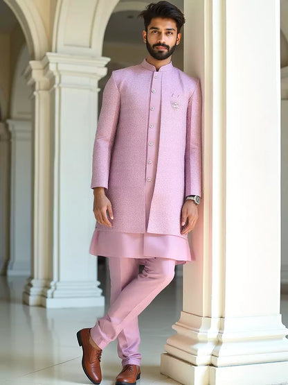 Onion Coloured Self Patterned Giza Cotton Thread Work Kurta Jacket Set