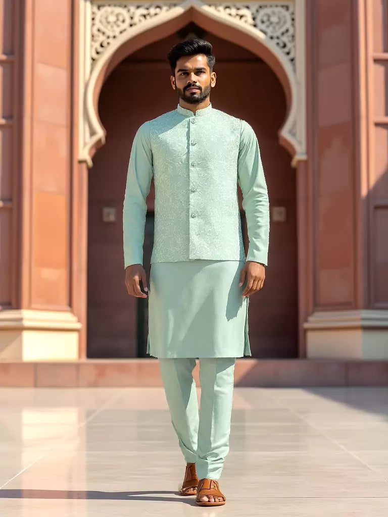 Light Pista Floral Thread Embroidery Giza Cotton Kurta Jacket Set