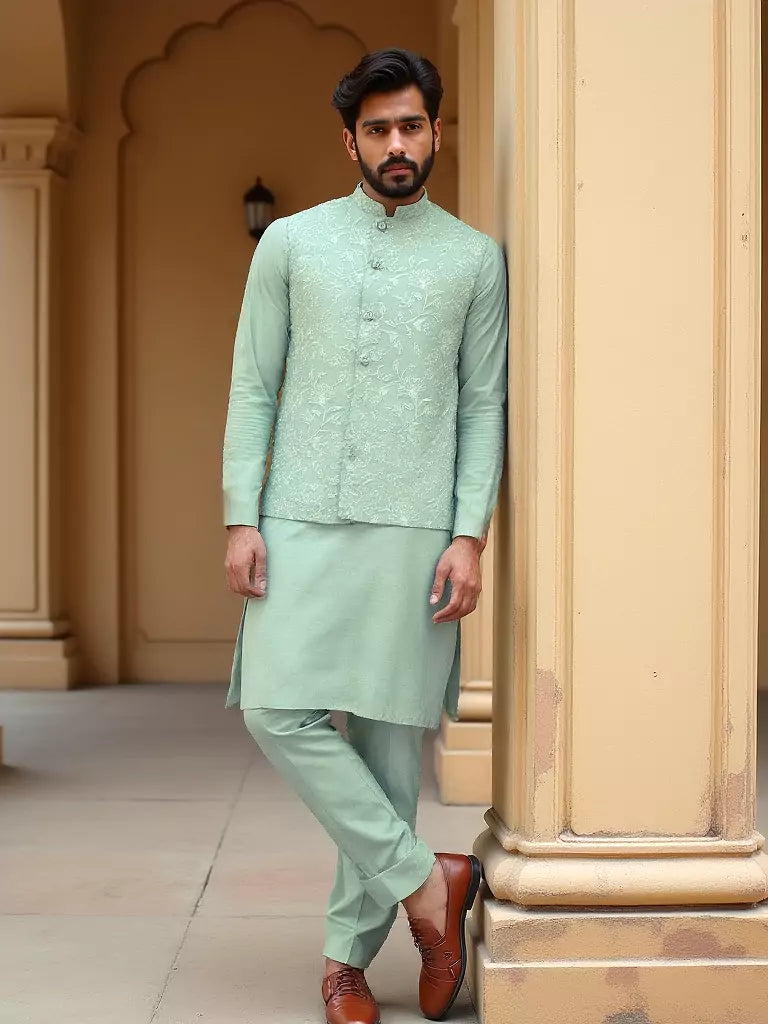 Light Pista Floral Thread Embroidery Giza Cotton Kurta Jacket Set