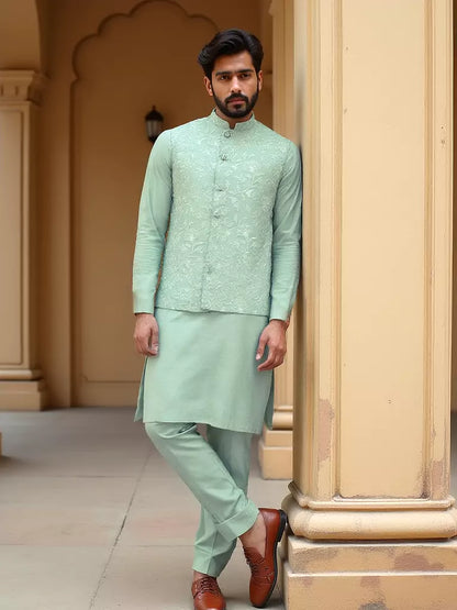 Light Pista Floral Thread Embroidery Giza Cotton Kurta Jacket Set
