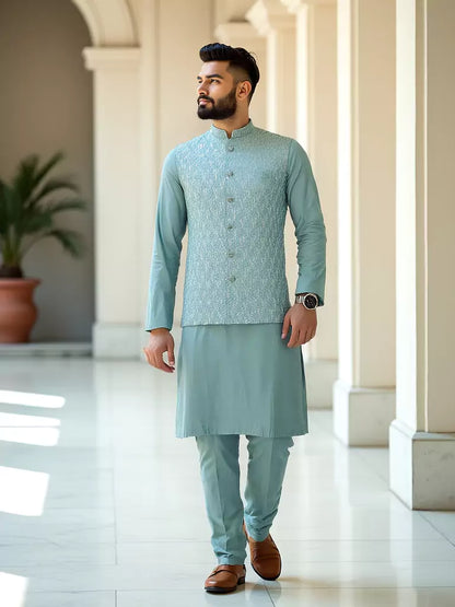 Light Green Floral Milky Silk Sequence Design Kurta Jacket Set
