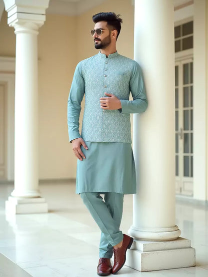 Light Green Floral Milky Silk Sequence Design Kurta Jacket Set