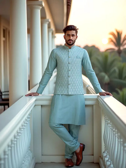 Light Green Floral Milky Silk Sequence Design Kurta Jacket Set