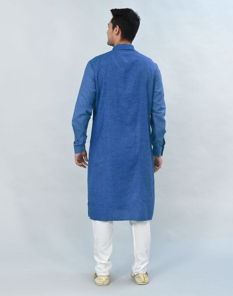 Royal Blue Geometric Plain Kurta Pyjama Set