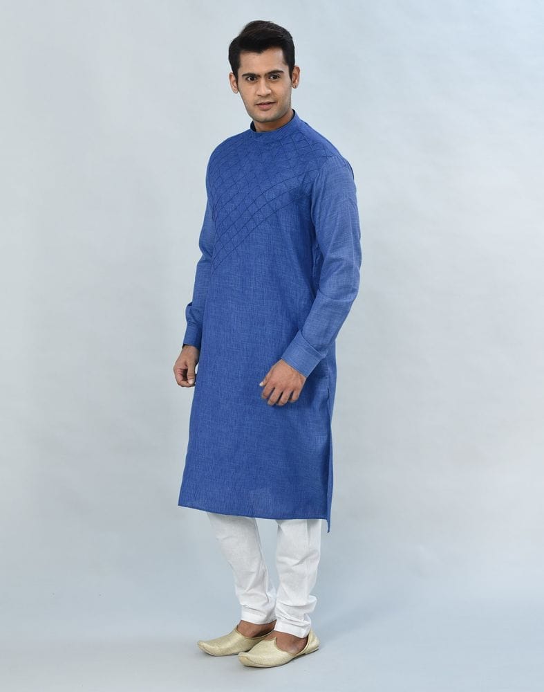 Royal Blue Geometric Plain Kurta Pyjama Set