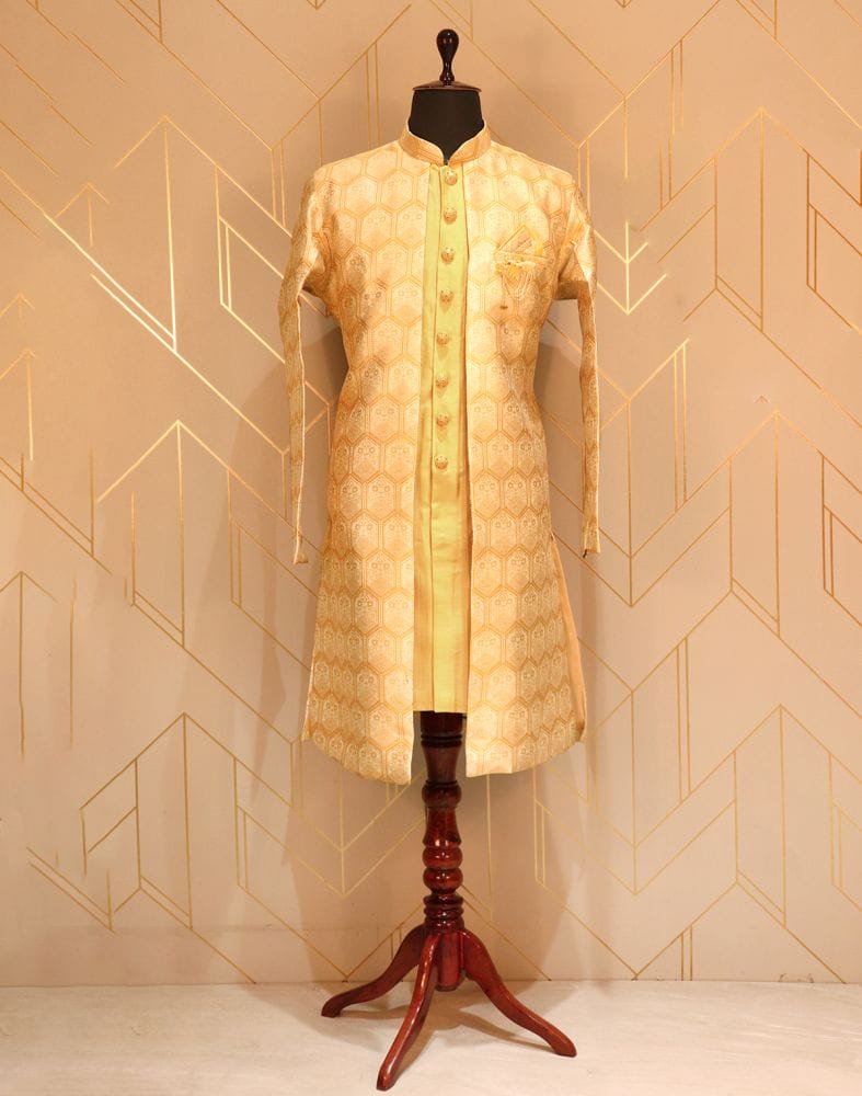 Mustard Floral Weave Raw Silk Kurta Jacket Set