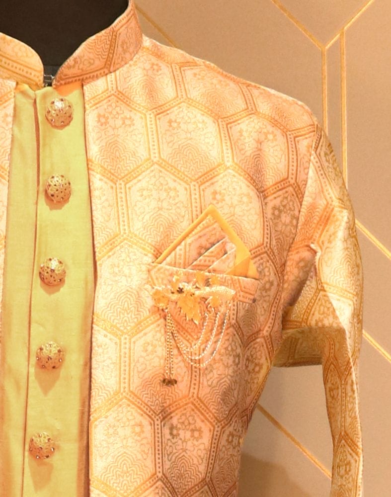 Mustard Floral Weave Raw Silk Kurta Jacket Set