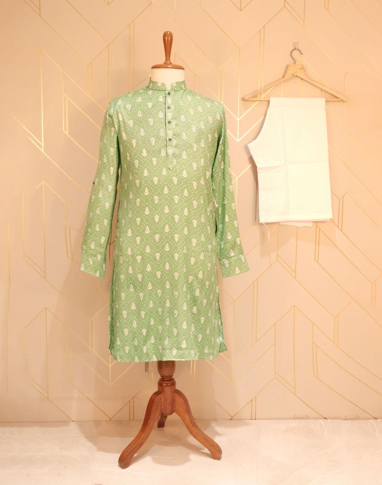 Pista Green Floral Printed Cotton Silk Kurta Pyjama Set