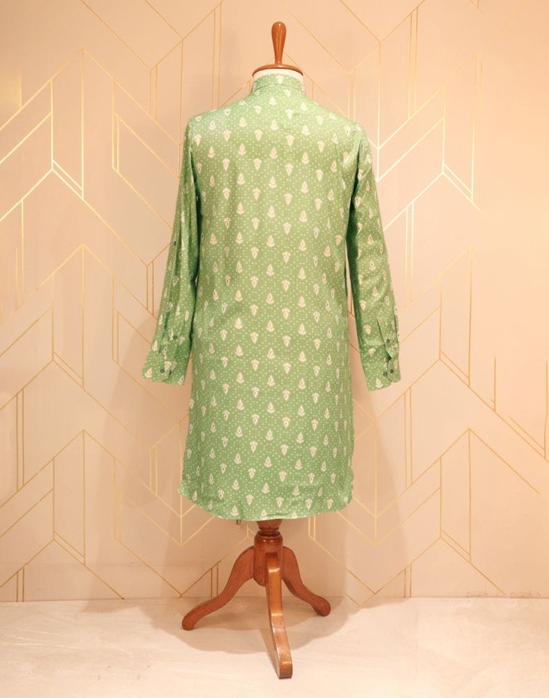 Pista Green Floral Printed Cotton Silk Kurta Pyjama Set