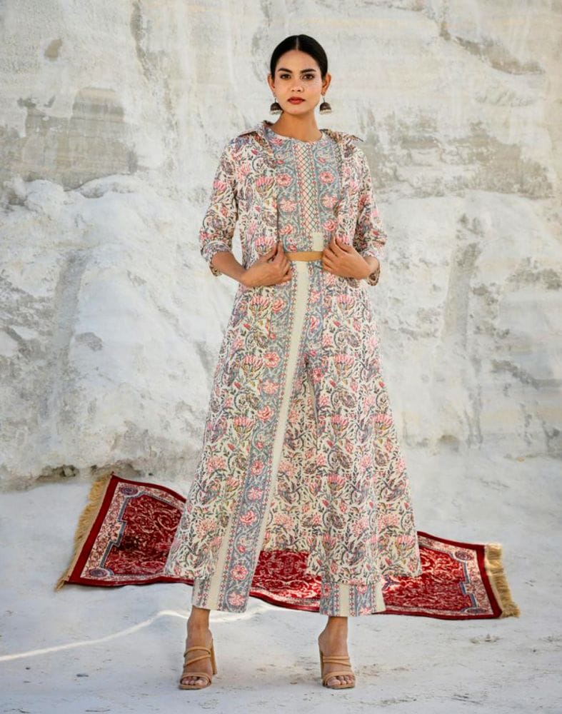 Off White Floral Print Cotton Co-ordinate Set with Shrug