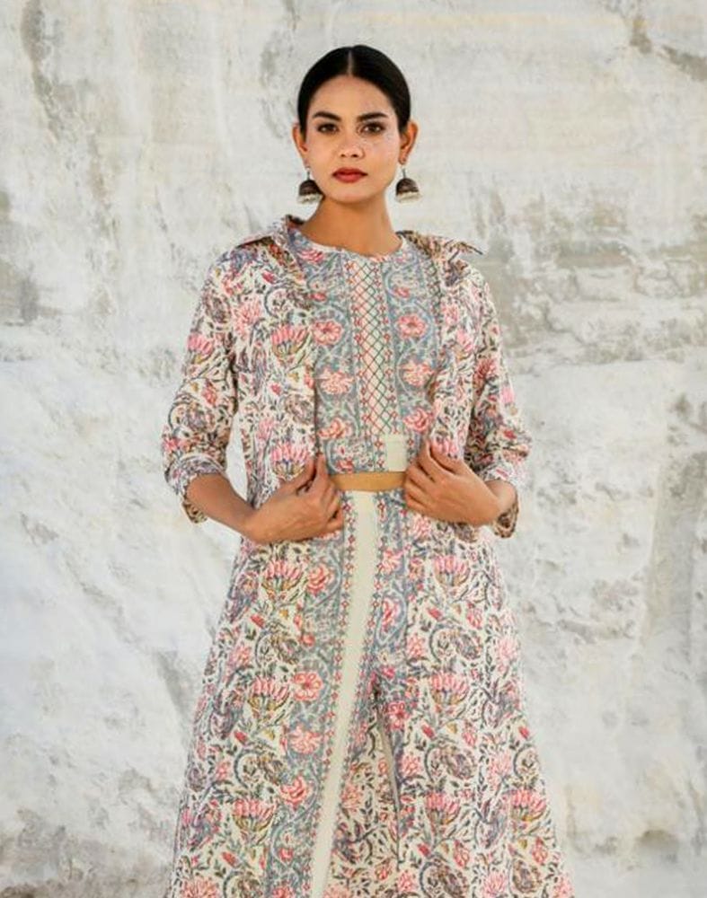 Off White Floral Print Cotton Co-ordinate Set with Shrug