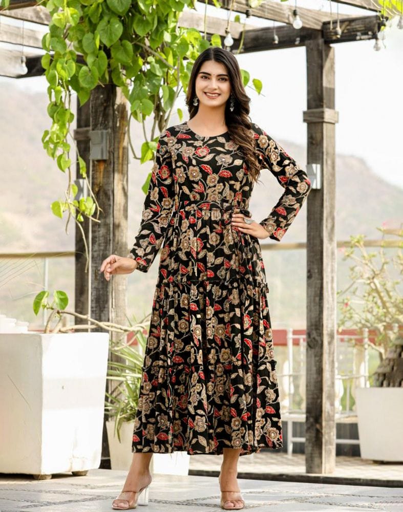 Black Floral Beads work Cotton Silk Kurti with Belt