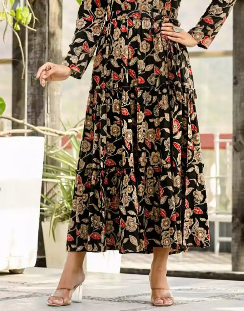 Black Floral Beads work Cotton Silk Kurti with Belt