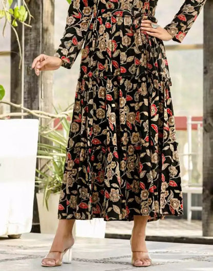 Black Floral Beads work Cotton Silk Kurti with Belt