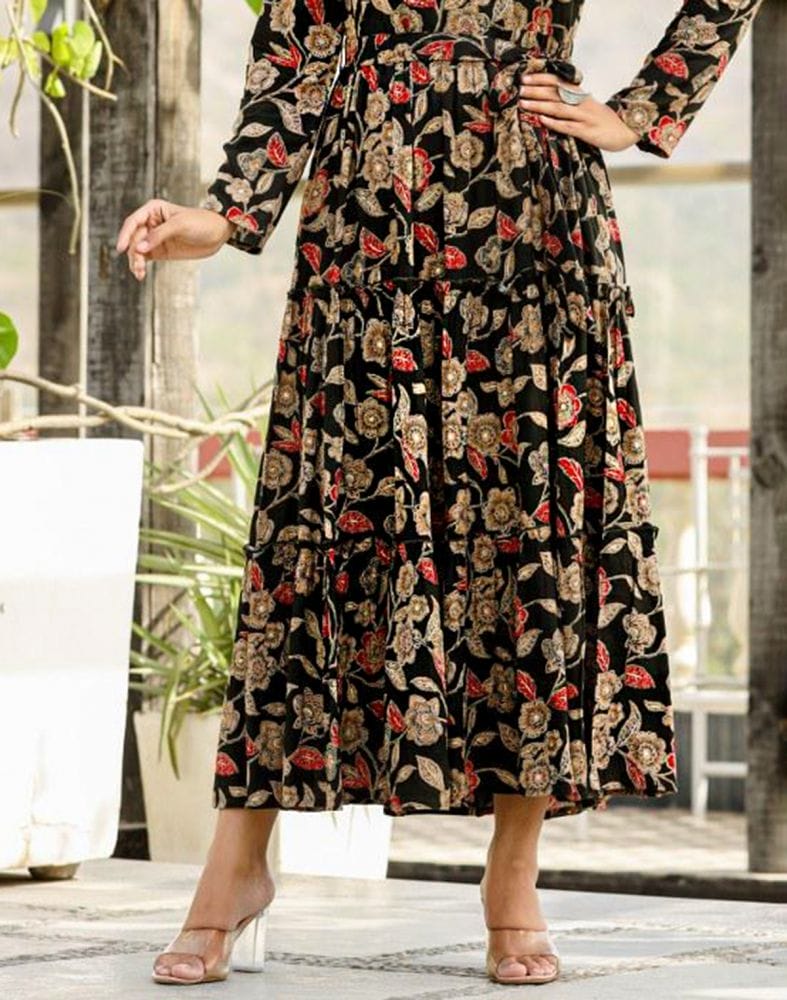 Black Floral Beads work Cotton Silk Kurti with Belt