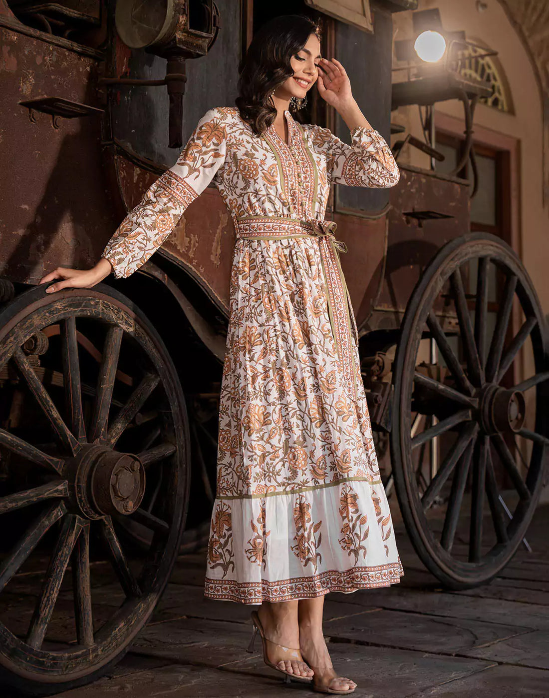 Floral Print Cotton White Coloured Kurti With Belt