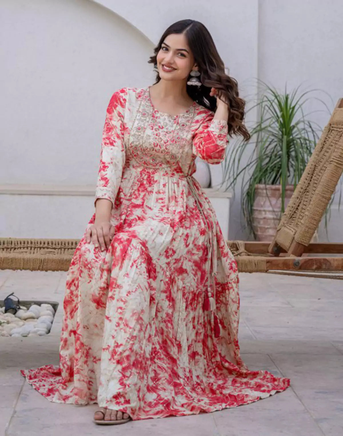 Attractive Peach Coloured Shibori Pattern Fully Flared Rayon Kurti