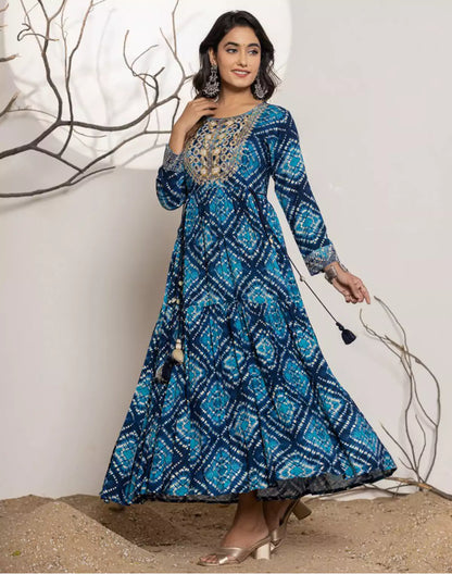 Blue Graphic Print Rayon Flary Kurti