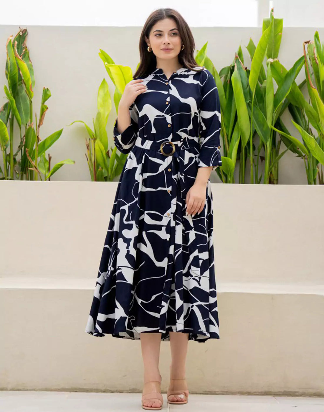 Navy Blue Rayon Peonies Print Casual Wear Dress With Belt