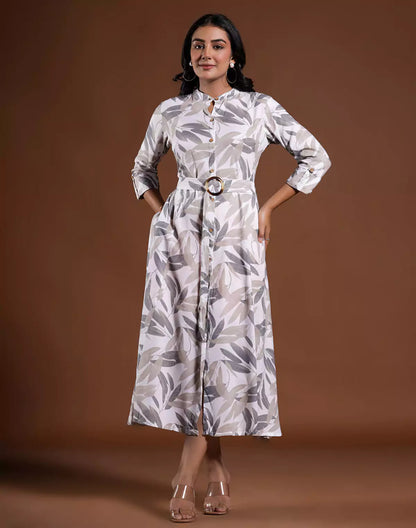 Cream All Over Botanical Print Cotton Silk Dress With Belt
