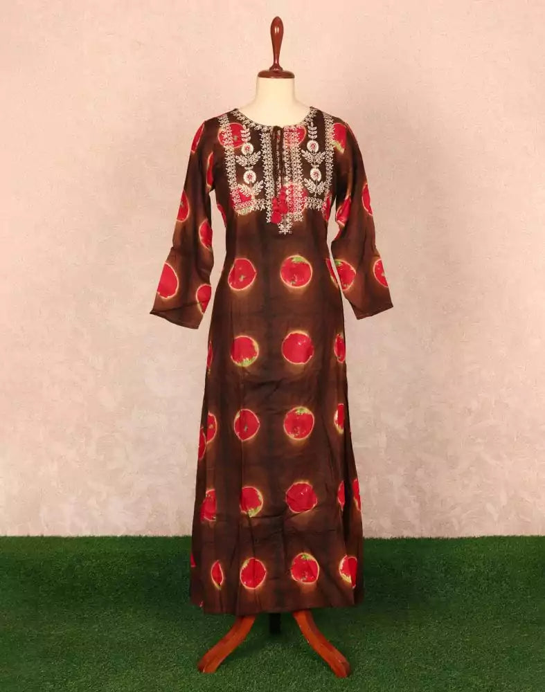 Coffee Brown Floral Beads work Rayon Kurti