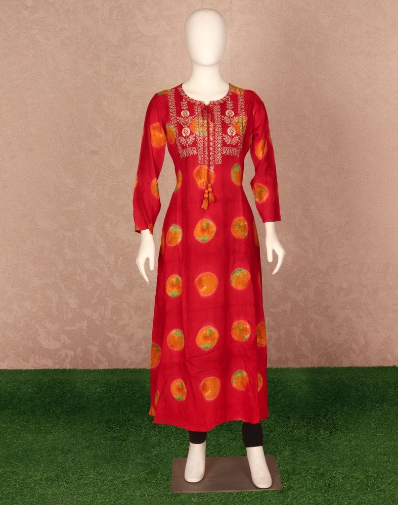 Red Floral Beads work Rayon Kurti