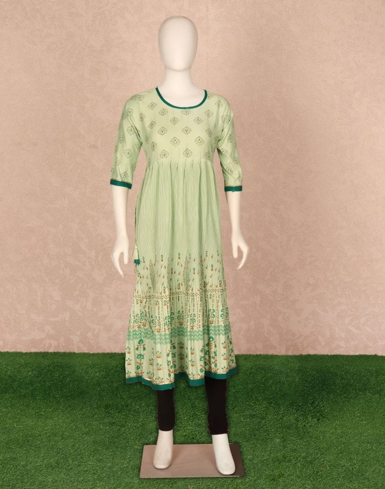 Light Green Floral Print Cotton Silk Kurti