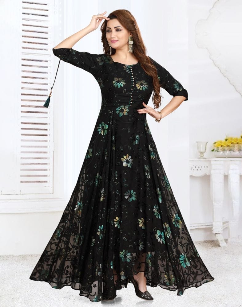 Stylish Black Floral Print Chiffon fully flair Kurti