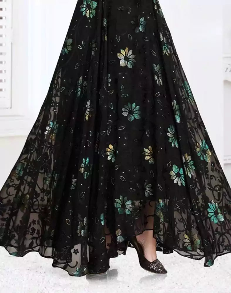 Stylish Black Floral Print Chiffon fully flair Kurti