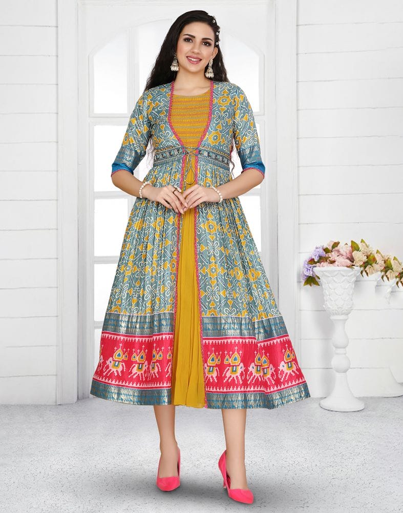 Mustard Ikat Print Cotton Silk Kurti with Shrug