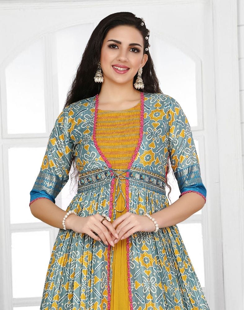 Mustard Ikat Print Cotton Silk Kurti with Shrug