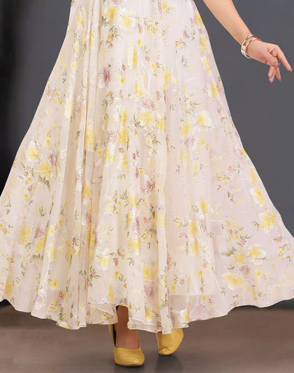 Cream Floral Print Organza Fully Flared Kurti