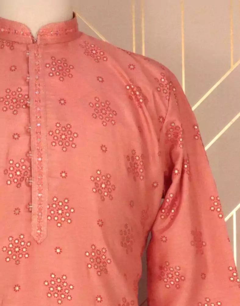 Peach Floral Raw Silk Printed Kurta Pyjama Set