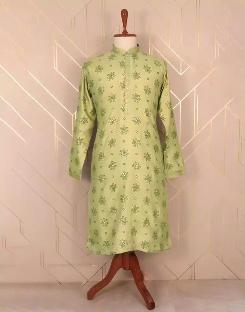 Pista Green Floral Raw Silk Printed Kurta Pyjama Set