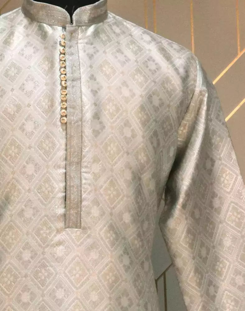 Grey Floral Weave Jacquard Kurta Pyjama Set