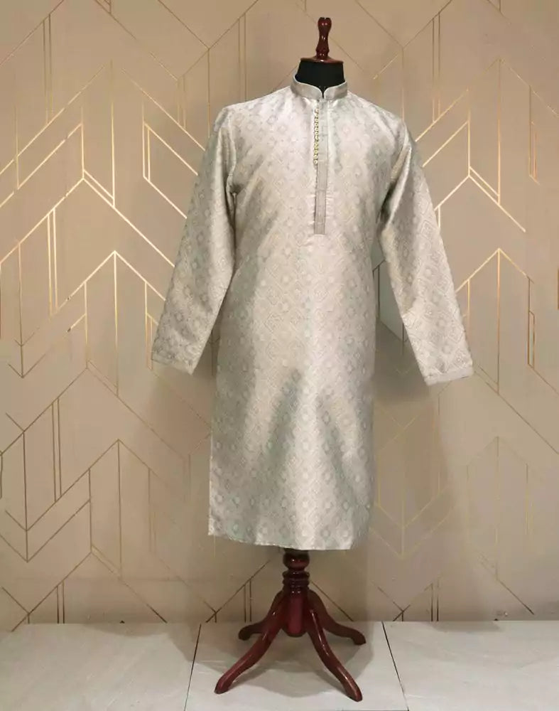 Grey Floral Weave Jacquard Kurta Pyjama Set