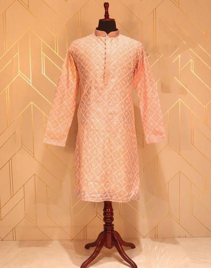 Peach Geometric Mica Print Paper Silk Kurta Pyjama Set