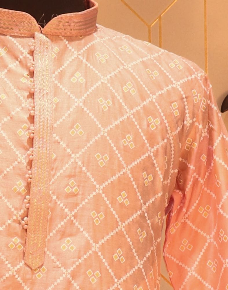 Peach Geometric Mica Print Paper Silk Kurta Pyjama Set