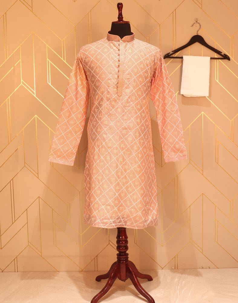 Peach Geometric Mica Print Paper Silk Kurta Pyjama Set