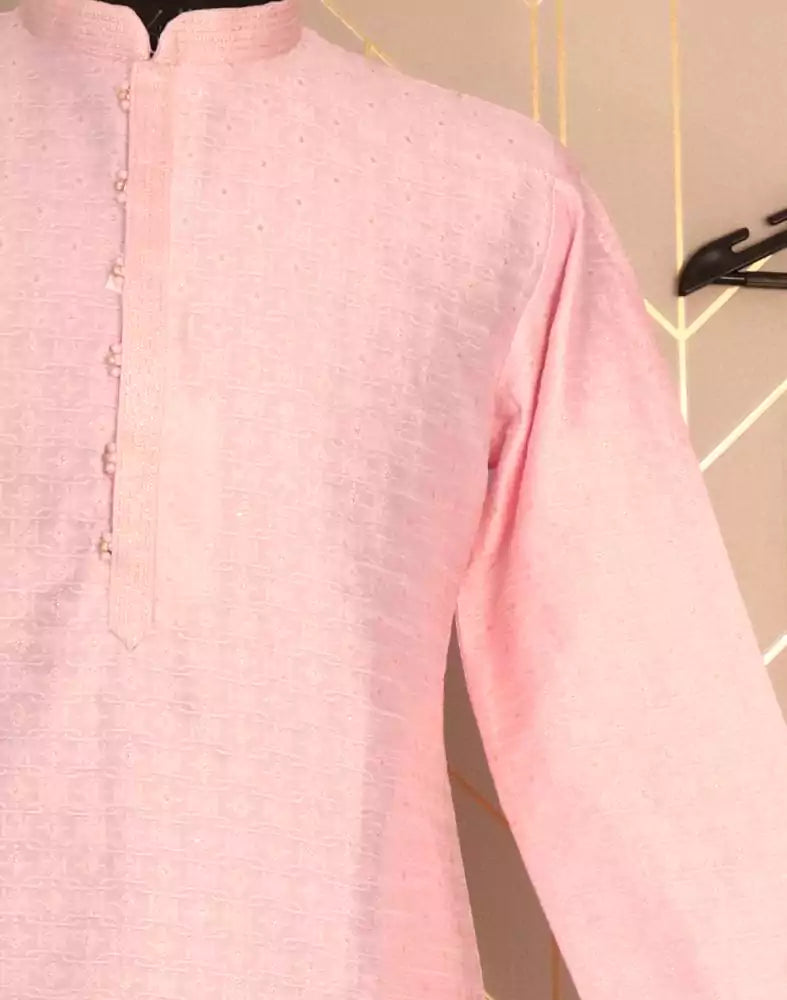 Pink Colour Self Design Jacquard Weave Kurta Pyjama Set