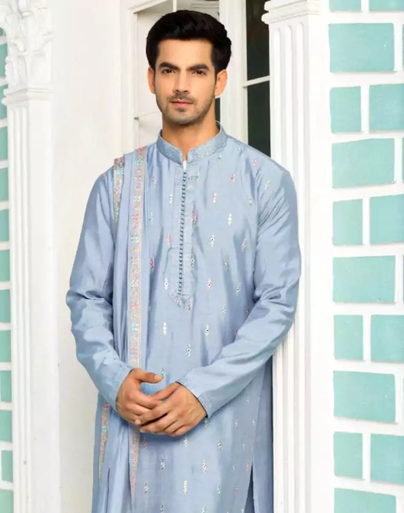 Traditional Grey Coloured Embroidery work Kurta Pyjama Set with Dupatta
