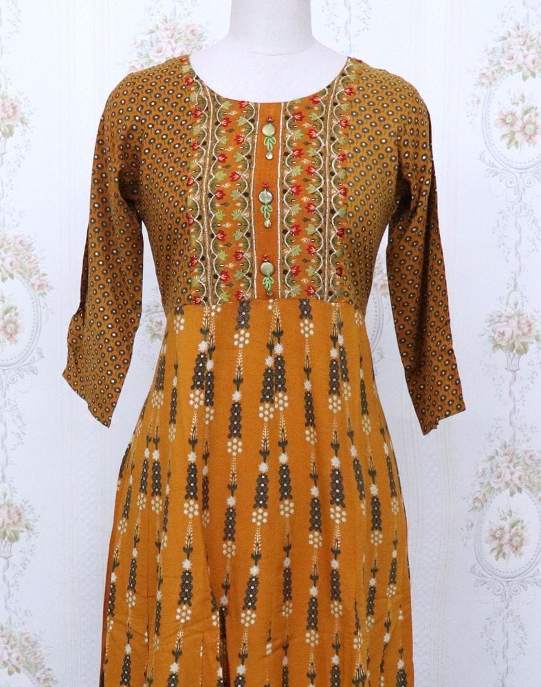 Mustard Floral Rayon Embroidery Kurti