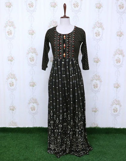 Black Floral Cotton Silk Embroidery Kurti