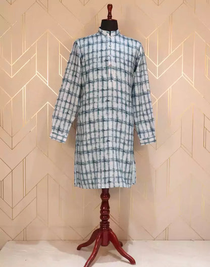 Sky Blue Graphic Glaxo Cotton Embellished Kurta Pyjama Set