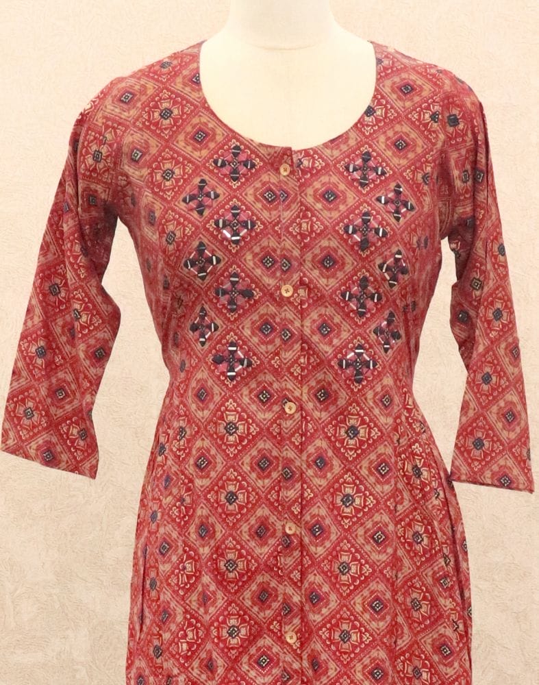 Pink Geometric Mirror work Silk Kurti