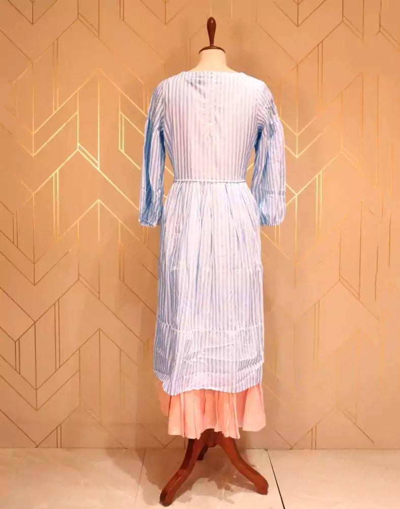 Light Blue Striped Thread Work Cotton Kurti