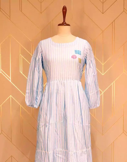 Light Blue Striped Thread Work Cotton Kurti