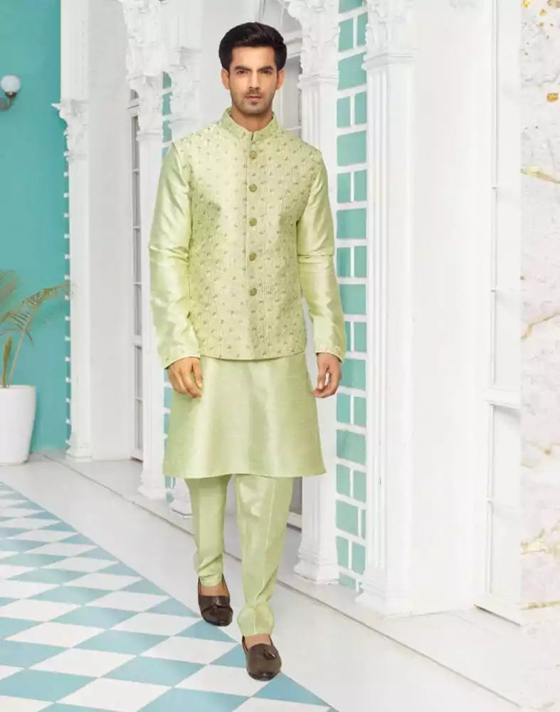 Decent Pista Green Raw Silk Embellished work Kurta Jacket Set