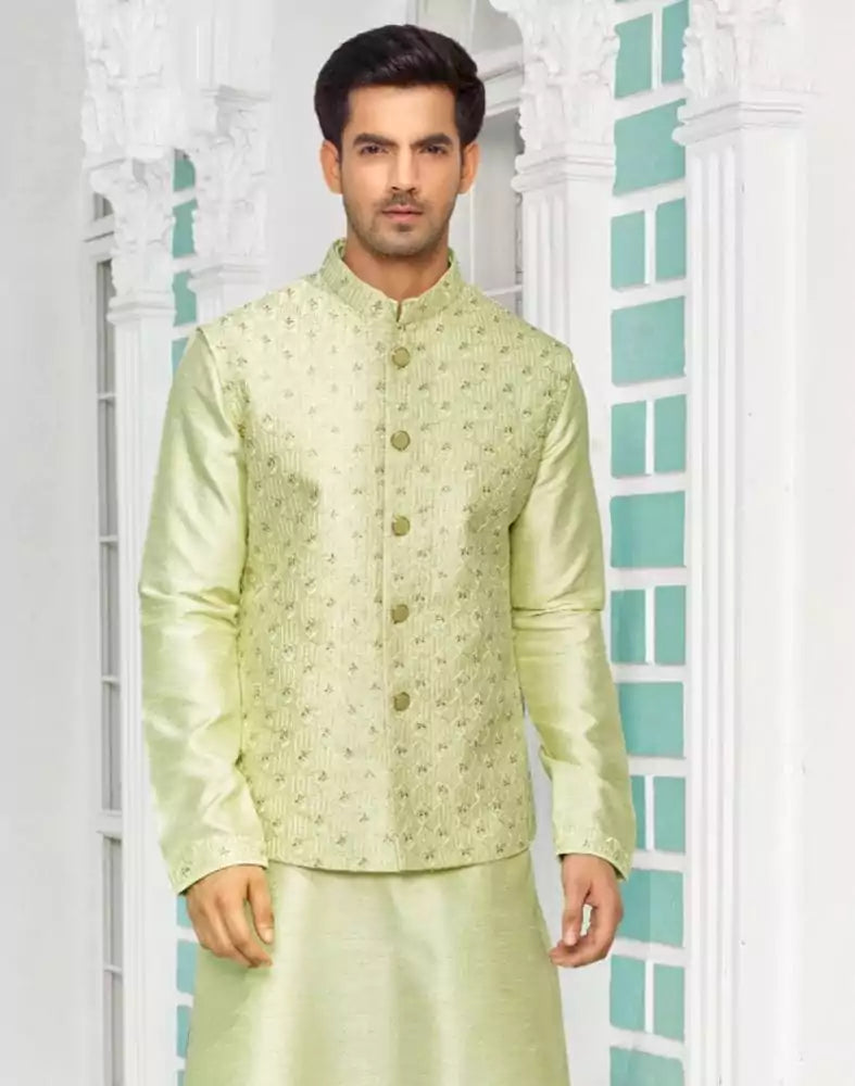 Decent Pista Green Raw Silk Embellished work Kurta Jacket Set