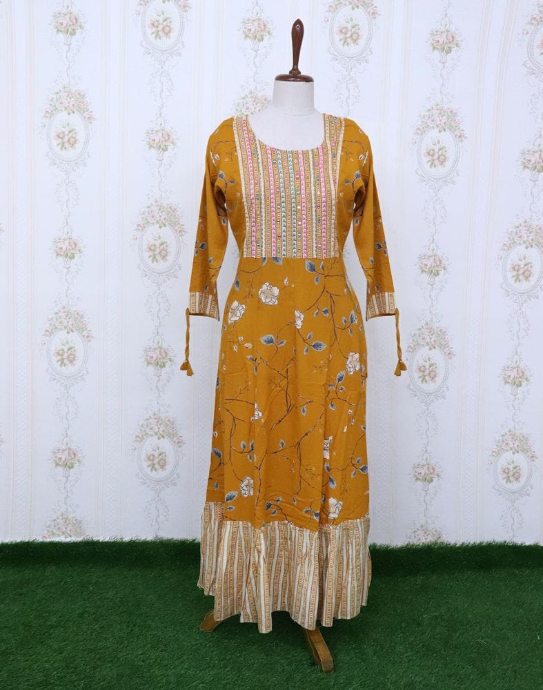 Mustard Floral Cotton Mirror Kurti